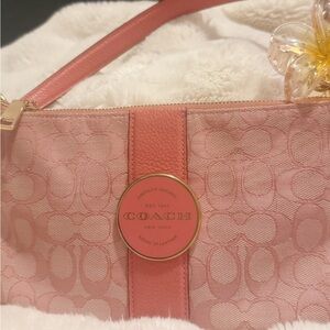 Coach Lonnie Baguette Signature Jacquard Pink + Charms included.